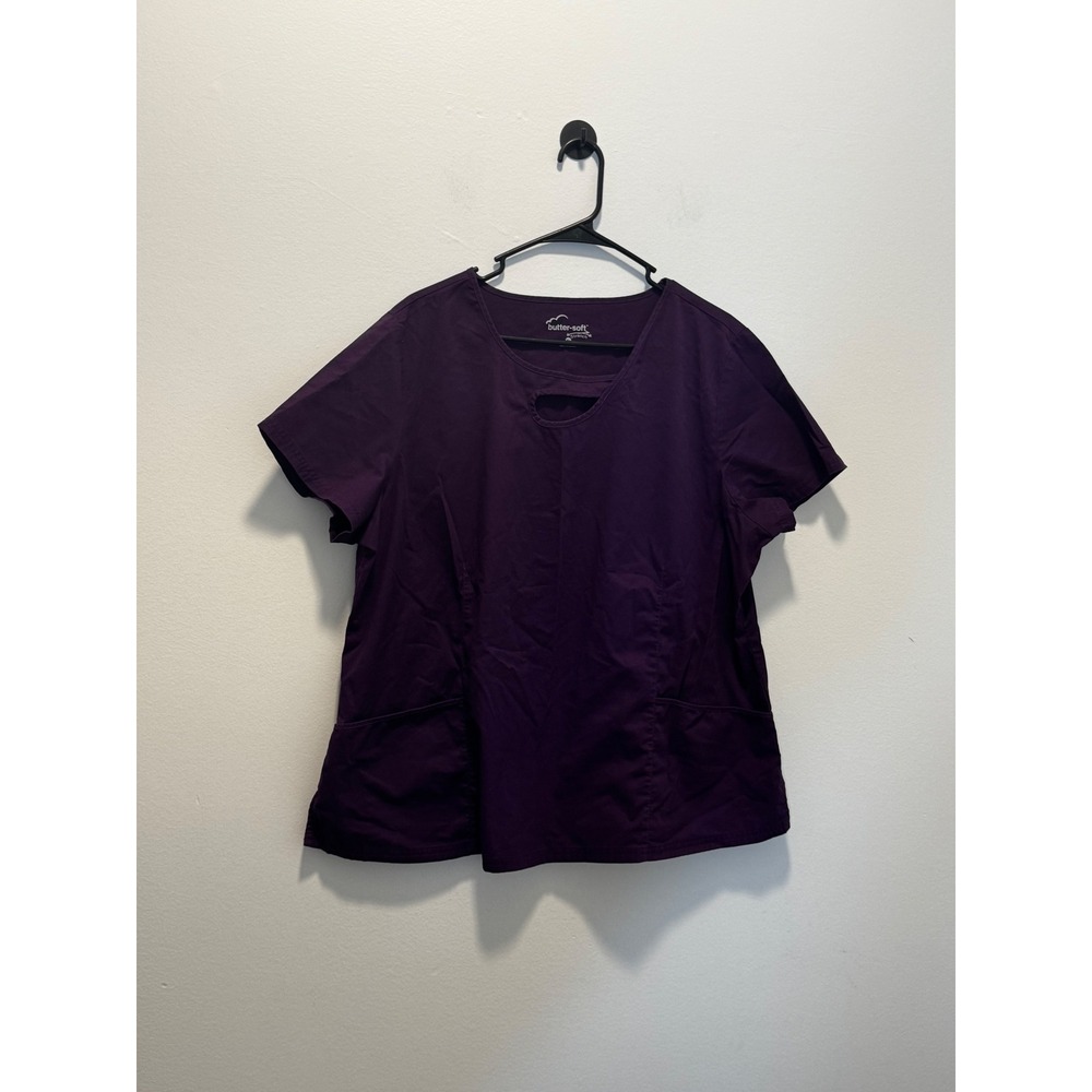 Butter-Soft Stretch Scrub Top Eggplant Purple Keyhole Neck XL Womens